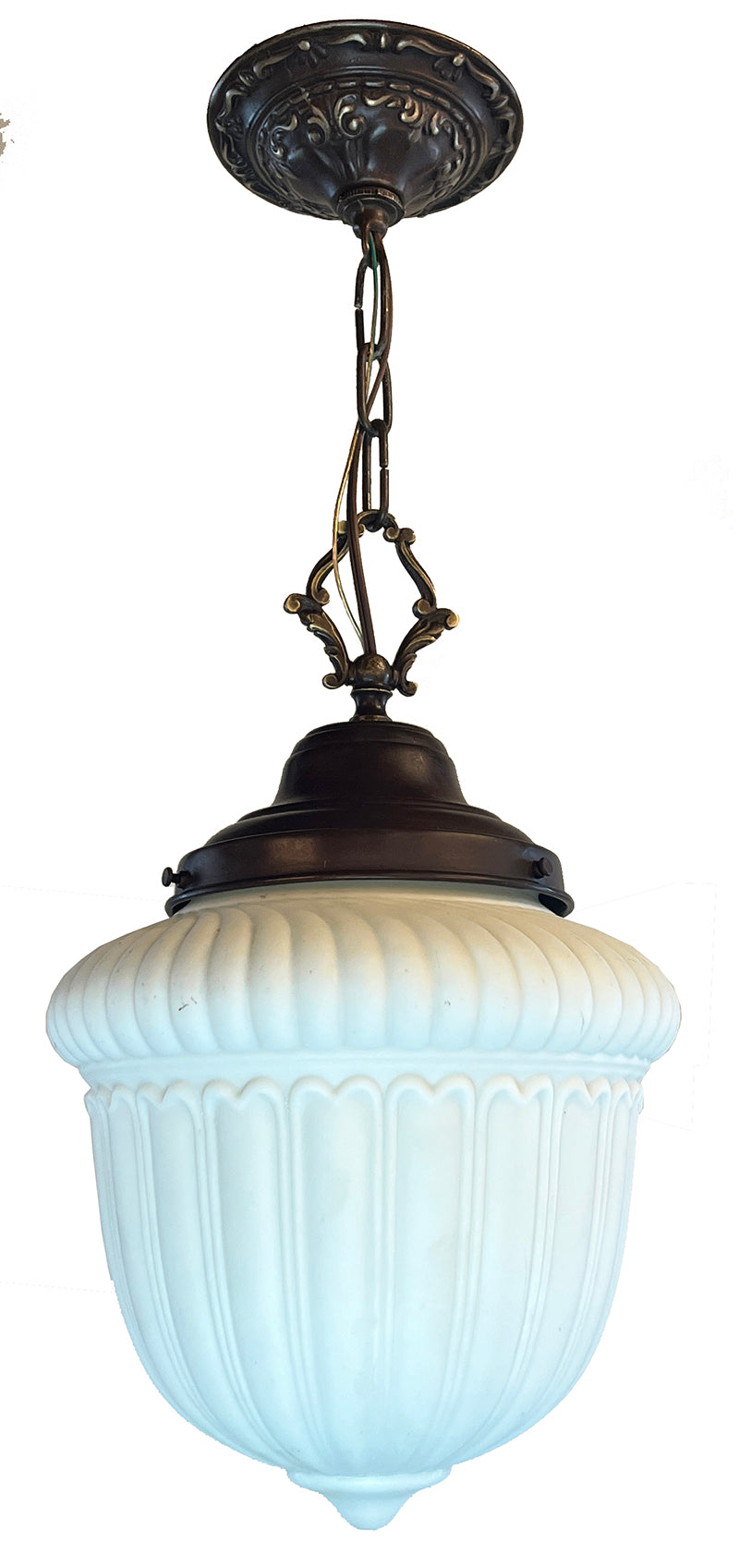 Antique Circa 1915 Ribbed Opal 6" Fitter Shade with Antique Chain Pendant