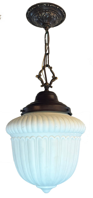 Antique Circa 1915 Ribbed Opal 6" Fitter Shade with Antique Chain Pendant