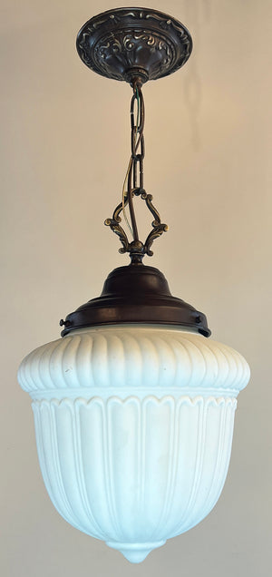 Antique Circa 1915 Ribbed Opal 6" Fitter Shade with Antique Chain Pendant