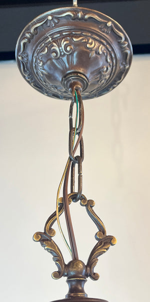 Antique Circa 1915 Ribbed Opal 6" Fitter Shade with Antique Chain Pendant