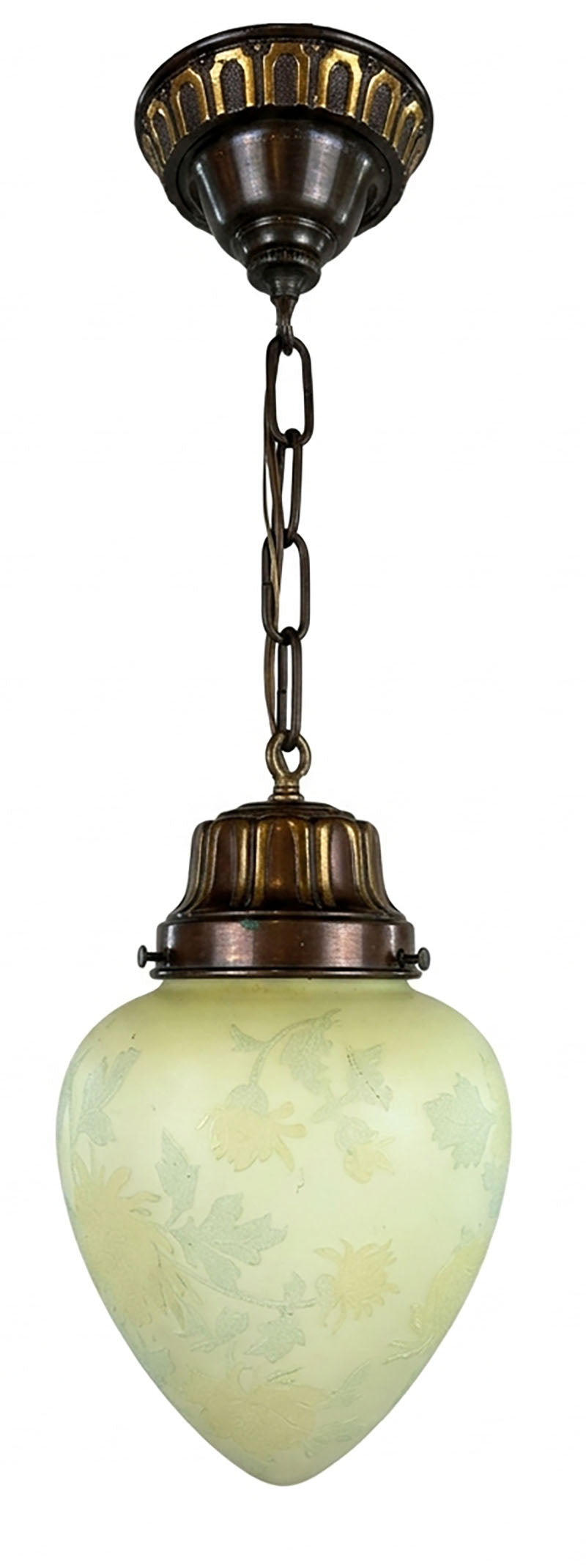 Antique Circa 1915 Pendant with Original Copper and Bronze Finish and Antique Reverse Cut Floral Etched Shade