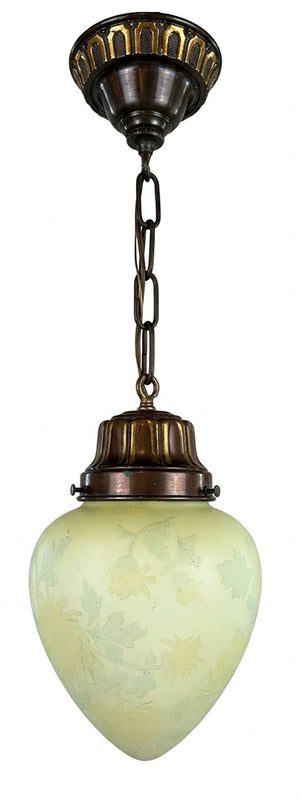Antique Circa 1915 Pendant with Original Copper and Bronze Finish and Antique Reverse Cut Floral Etched Shade