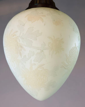 Antique Circa 1915 Pendant with Original Copper and Bronze Finish and Antique Reverse Cut Floral Etched Shade
