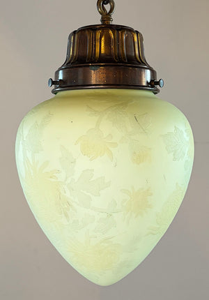 Antique Circa 1915 Pendant with Original Copper and Bronze Finish and Antique Reverse Cut Floral Etched Shade