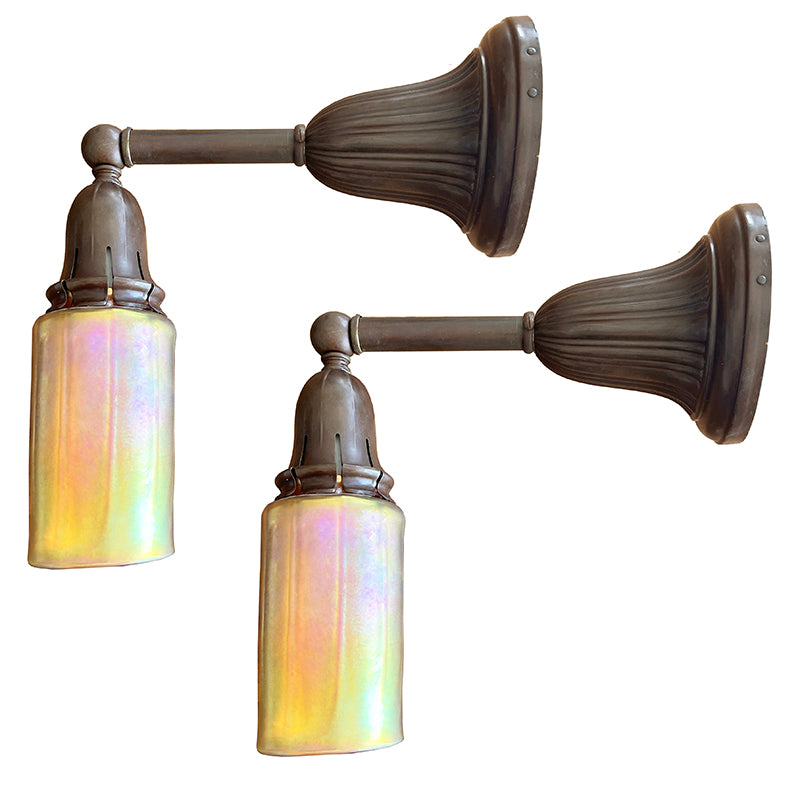 $850 PAIR - Circa 1910 Edwardian Embossed Wall Sconce with Lundberg Gold Aurene Bungalow Shades