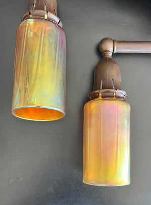 $850 PAIR - Circa 1910 Edwardian Embossed Wall Sconce with Lundberg Gold Aurene Bungalow Shades