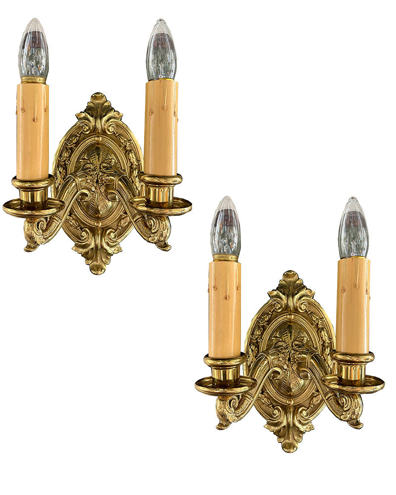 $800 PAIR - Circa 1910 Cast Brass Edwardian Double Light Wall Sconces