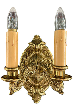 $800 PAIR - Circa 1910 Cast Brass Edwardian Double Light Wall Sconces