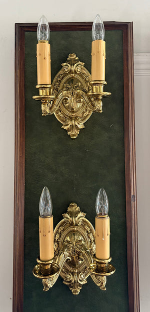 $800 PAIR - Circa 1910 Cast Brass Edwardian Double Light Wall Sconces