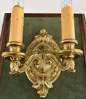 $800 PAIR - Circa 1910 Cast Brass Edwardian Double Light Wall Sconces