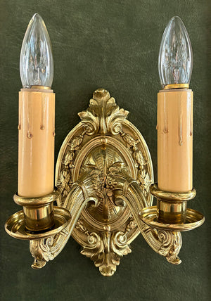 $800 PAIR - Circa 1910 Cast Brass Edwardian Double Light Wall Sconces