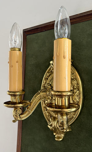 $800 PAIR - Circa 1910 Cast Brass Edwardian Double Light Wall Sconces