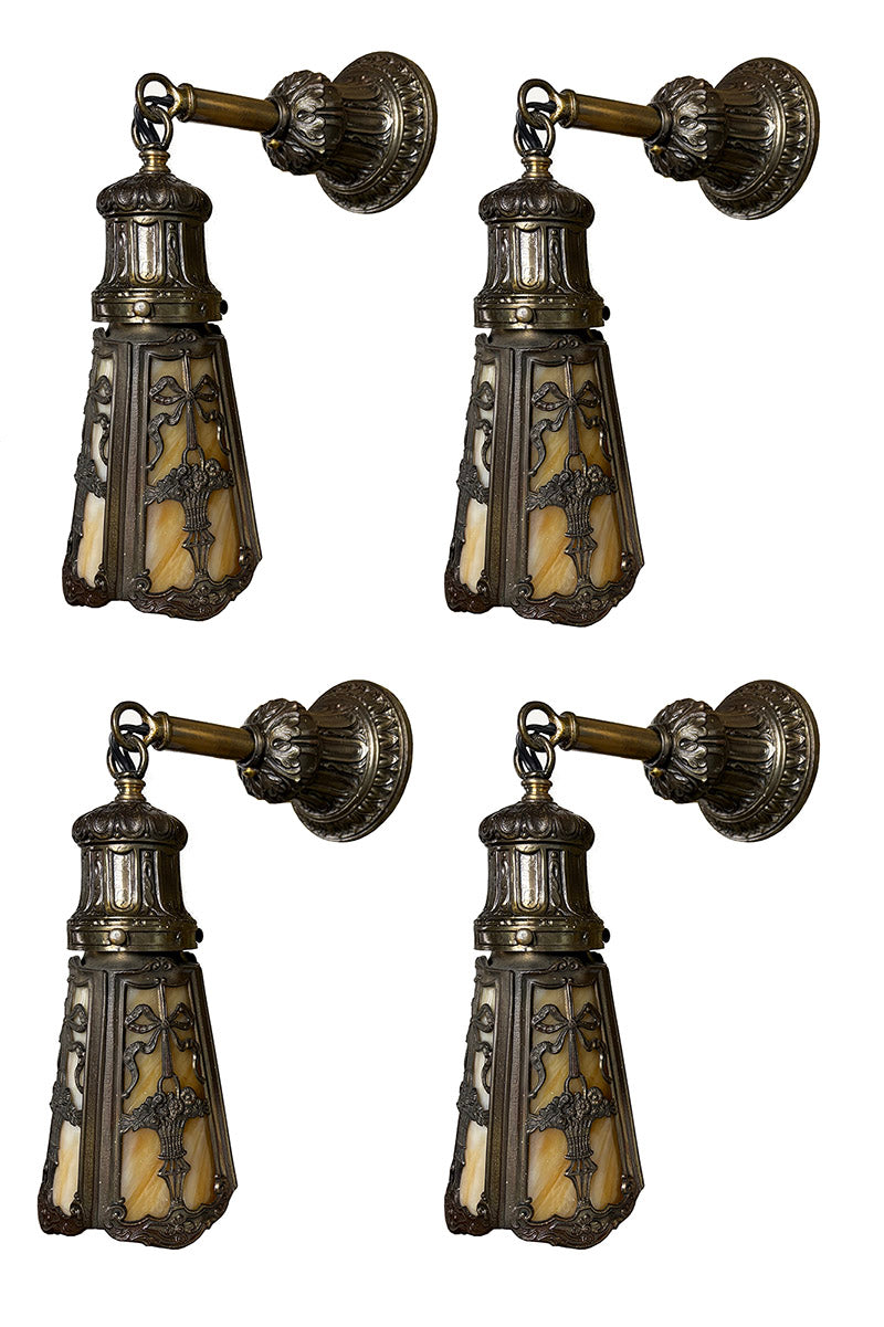 $1200 PAIR - 2 PAIRS AVAILABLE - Circa 1905 Transitional Edwardian Arts and Crafts Wall Sconces with Original Bronzed Finish and Slag Glass Shades