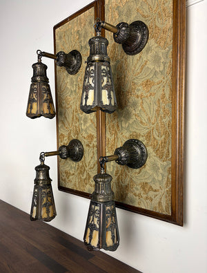 $1200 PAIR - 2 PAIRS AVAILABLE - Circa 1905 Transitional Edwardian Arts and Crafts Wall Sconces with Original Bronzed Finish and Slag Glass Shades