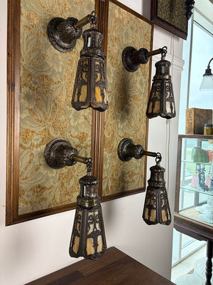 $1200 PAIR - 2 PAIRS AVAILABLE - Circa 1905 Transitional Edwardian Arts and Crafts Wall Sconces with Original Bronzed Finish and Slag Glass Shades