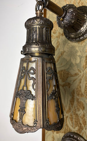 $1200 PAIR - 2 PAIRS AVAILABLE - Circa 1905 Transitional Edwardian Arts and Crafts Wall Sconces with Original Bronzed Finish and Slag Glass Shades