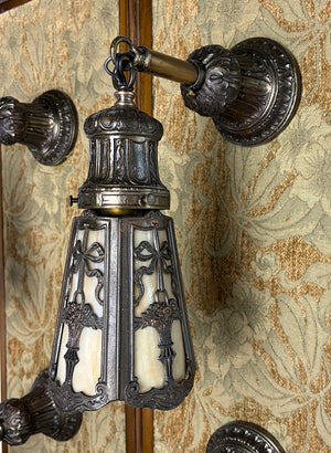 $1200 PAIR - 2 PAIRS AVAILABLE - Circa 1905 Transitional Edwardian Arts and Crafts Wall Sconces with Original Bronzed Finish and Slag Glass Shades