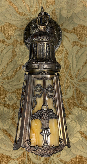 $1200 PAIR - 2 PAIRS AVAILABLE - Circa 1905 Transitional Edwardian Arts and Crafts Wall Sconces with Original Bronzed Finish and Slag Glass Shades