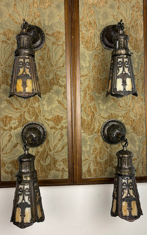 $1200 PAIR - 2 PAIRS AVAILABLE - Circa 1905 Transitional Edwardian Arts and Crafts Wall Sconces with Original Bronzed Finish and Slag Glass Shades