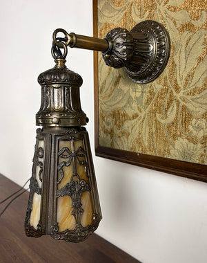$1200 PAIR - 2 PAIRS AVAILABLE - Circa 1905 Transitional Edwardian Arts and Crafts Wall Sconces with Original Bronzed Finish and Slag Glass Shades