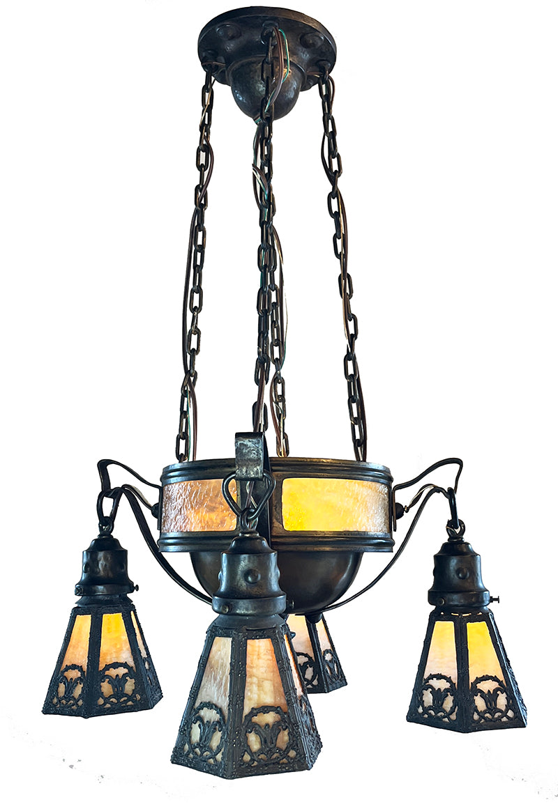 Antique Circa 1910 Arts and Crafts Four Light Chain Suspended Fixture with Butterscotch Slag Glass Center Body and Shades