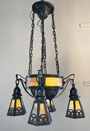 Antique Circa 1910 Arts and Crafts Four Light Chain Suspended Fixture with Butterscotch Slag Glass Center Body and Shades