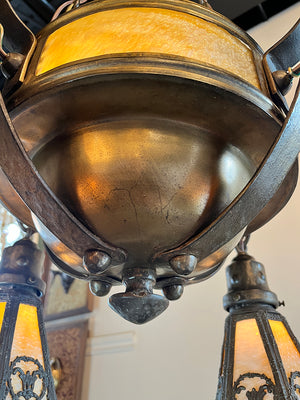 Antique Circa 1910 Arts and Crafts Four Light Chain Suspended Fixture with Butterscotch Slag Glass Center Body and Shades