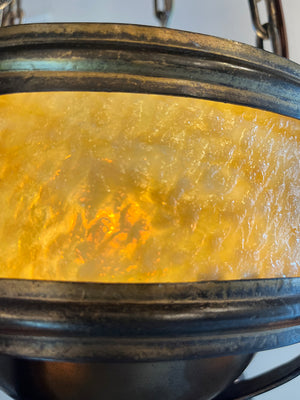Antique Circa 1910 Arts and Crafts Four Light Chain Suspended Fixture with Butterscotch Slag Glass Center Body and Shades