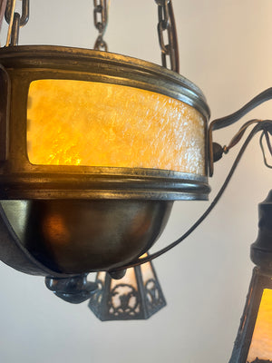 Antique Circa 1910 Arts and Crafts Four Light Chain Suspended Fixture with Butterscotch Slag Glass Center Body and Shades