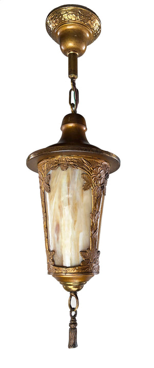 Antique Circa 1910 Transitional Arts and Crafts Edwardian Lantern with Curved Slag Panels and Original Finish