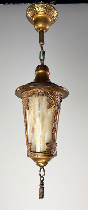 Antique Circa 1910 Transitional Arts and Crafts Edwardian Lantern with Curved Slag Panels and Original Finish