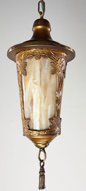 Antique Circa 1910 Transitional Arts and Crafts Edwardian Lantern with Curved Slag Panels and Original Finish