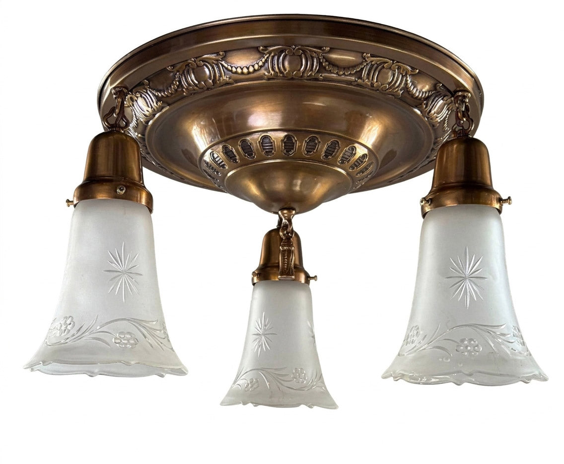 Antique Circa 1915 Three Light Embossed Flush Mount with Antique Star Cut Shades