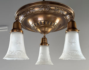 Antique Circa 1915 Three Light Embossed Flush Mount with Antique Star Cut Shades