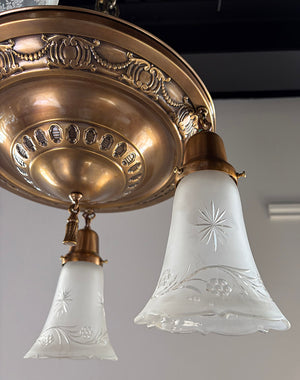 Antique Circa 1915 Three Light Embossed Flush Mount with Antique Star Cut Shades