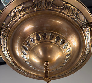Antique Circa 1915 Three Light Embossed Flush Mount with Antique Star Cut Shades