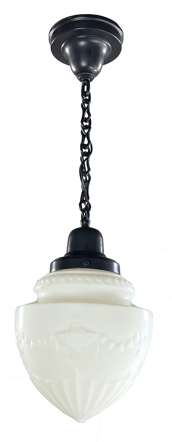 Antique Circa 1910 Signed R. Williamson Interior/.Exterior Pendant Light with Original NeoClassical Milk Glass Shade