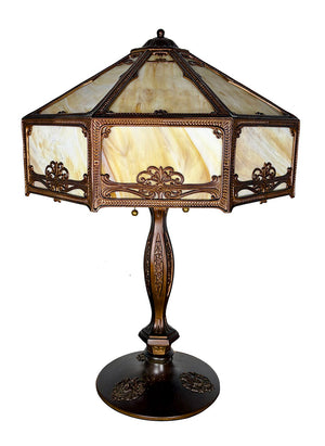 Antique Circa 1910 Eight Sided Panel Glass Lamp with Art Nouveau Cameo Details
