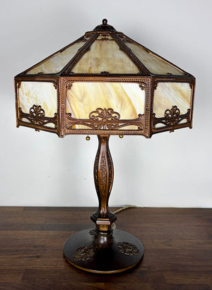 Antique Circa 1910 Eight Sided Panel Glass Lamp with Art Nouveau Cameo Details