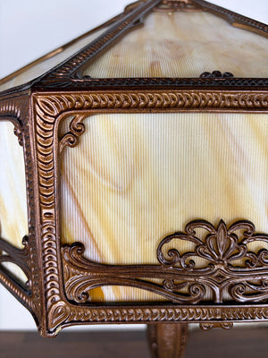 Antique Circa 1910 Eight Sided Panel Glass Lamp with Art Nouveau Cameo Details