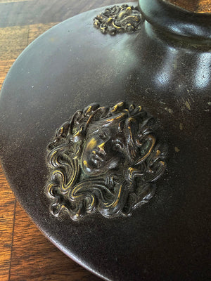 Antique Circa 1910 Eight Sided Panel Glass Lamp with Art Nouveau Cameo Details