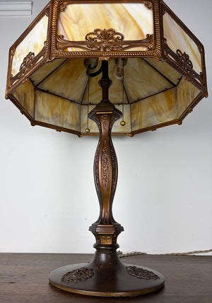Antique Circa 1910 Eight Sided Panel Glass Lamp with Art Nouveau Cameo Details