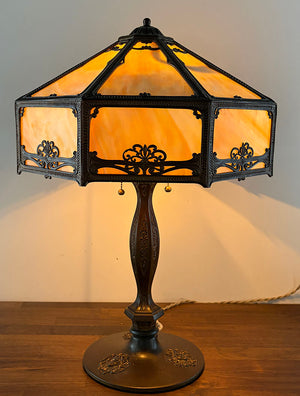 Antique Circa 1910 Eight Sided Panel Glass Lamp with Art Nouveau Cameo Details