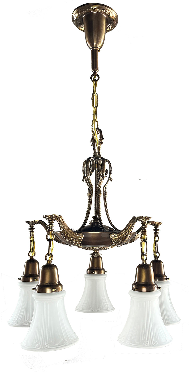 Antique Circa 1910 Edwardian Cast Arm Five Light with Cast Upper Gallery and Wreath Border Canopy