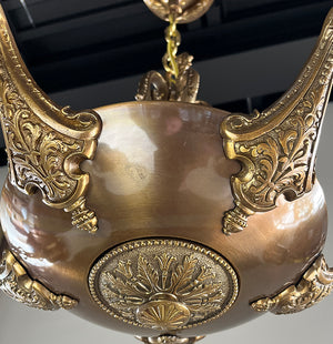 Antique Circa 1910 Edwardian Cast Arm Five Light with Cast Upper Gallery and Wreath Border Canopy