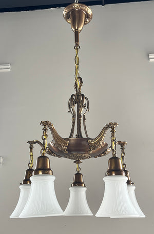 Antique Circa 1910 Edwardian Cast Arm Five Light with Cast Upper Gallery and Wreath Border Canopy