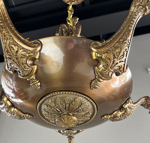 Antique Circa 1910 Edwardian Cast Arm Five Light with Cast Upper Gallery and Wreath Border Canopy