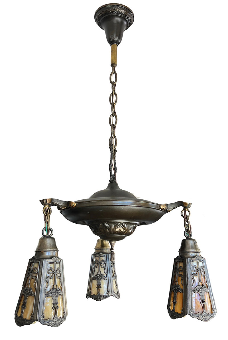 Antique Circa 1915 Edwardian Three Light Pan Fixture with Original Ribbon and Bouquet Slag Glass Shades