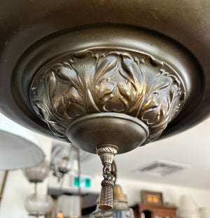 Antique Circa 1915 Edwardian Three Light Pan Fixture with Original Ribbon and Bouquet Slag Glass Shades