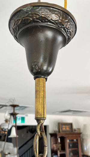 Antique Circa 1915 Edwardian Three Light Pan Fixture with Original Ribbon and Bouquet Slag Glass Shades